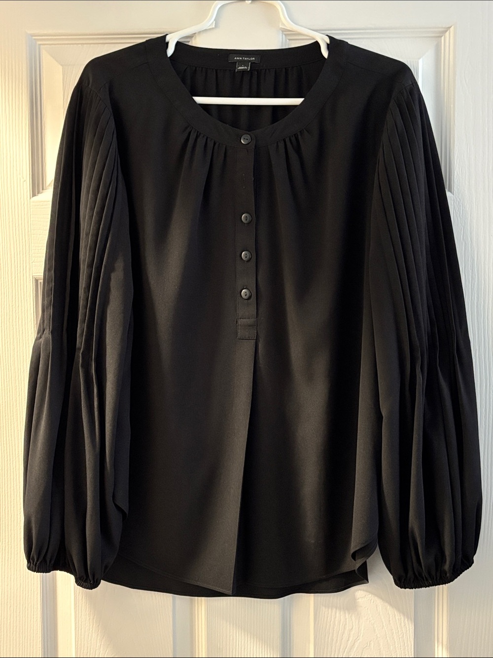 Ann Taylor Pleated Sleeve Henley Blouse - Black